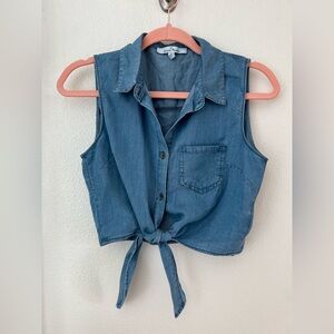 Blue Tie-Front Sleeveless Blouse